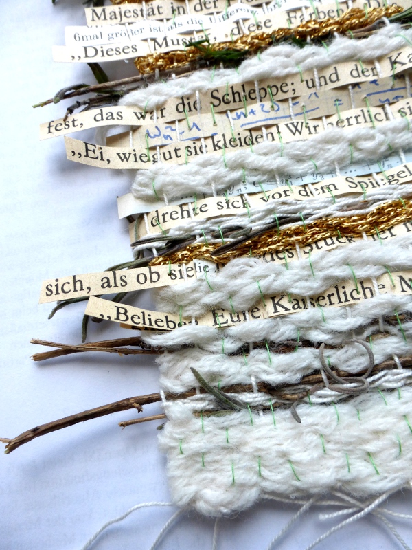 woven story pattern with text from "The Emperor's new clothes"); detail - Ines Seidel