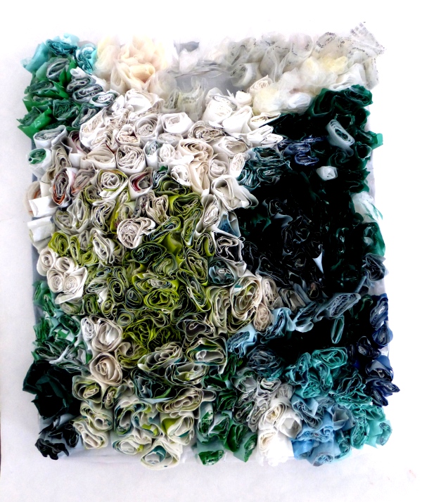18 plastic bags, sewn together with conciliatory gestures. Ines Seidel